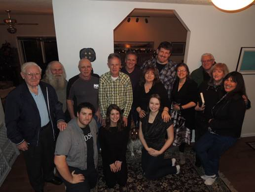 BR: Jim, Tim, Jon, Mark, Andy, Bunny (Andy's wife), Nick and his partner, Steve, Sue (Steve's wife), Christel (Jon' wife). FR: Jesse (Andy's son), Clair (Mark's daughter), Kate (Andy's daughter)